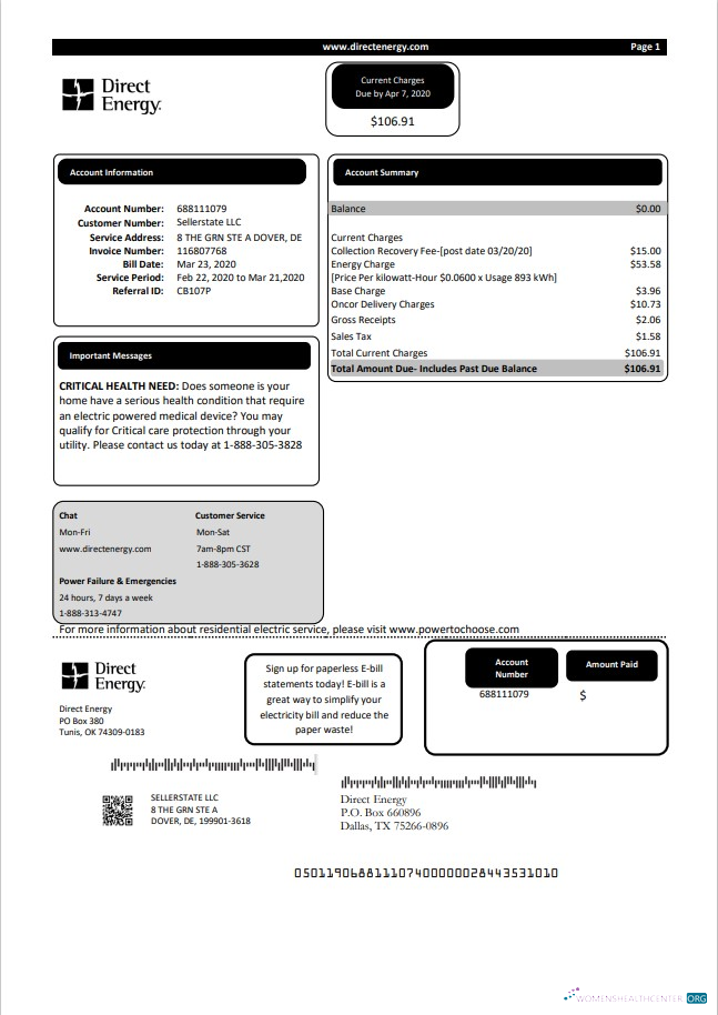 download download USA Texas Direct Energy utility bill template in Word and PDF format PDF template PDF template